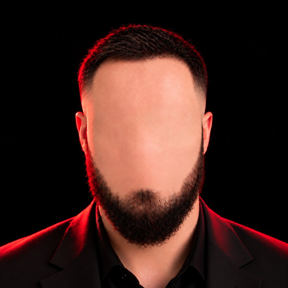eki: a faceless figure in a black suit, lit in red